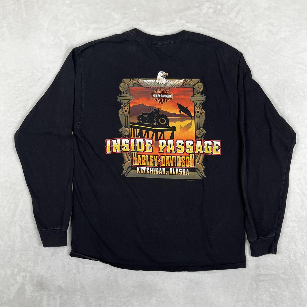Harley Davidson Long Sleeve T-Shirt Mens Large Black Inside Passage Alaska